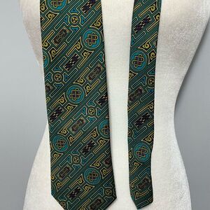 BSL Celtic Geometric Patterned Tie in Teal and Gold made in Ireland